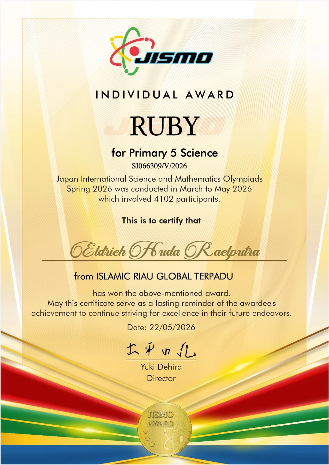 JISMO Ruby Individual Award Certificate